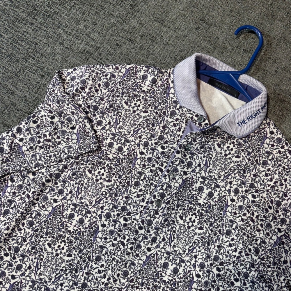 Greyson Polo Shirt Large Purple Floral Damask Golf Performance Short Sleeve